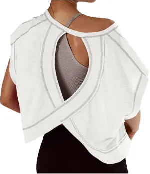 Womens Open Back Workout Tops Crew Beck Short Sleeve Athletic T-Shirt Backless Y2K Crop Top Gym Yoga Tees