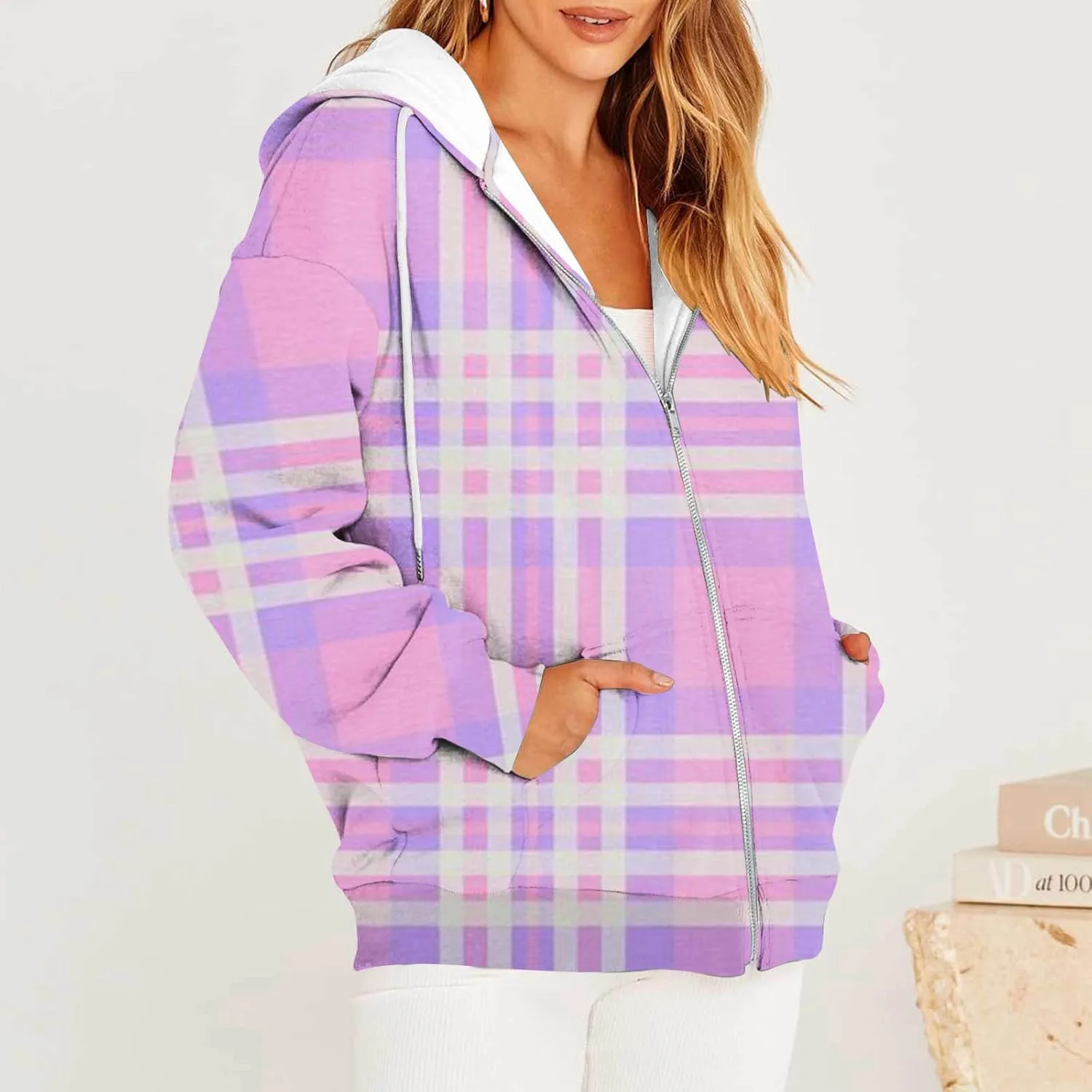 Womens Plaid Jackets 2025 Zipper Hooded Plaid Drawstring Sweatshirt Loose Long Sleeve Oversized Plaid Hoodie Jackets