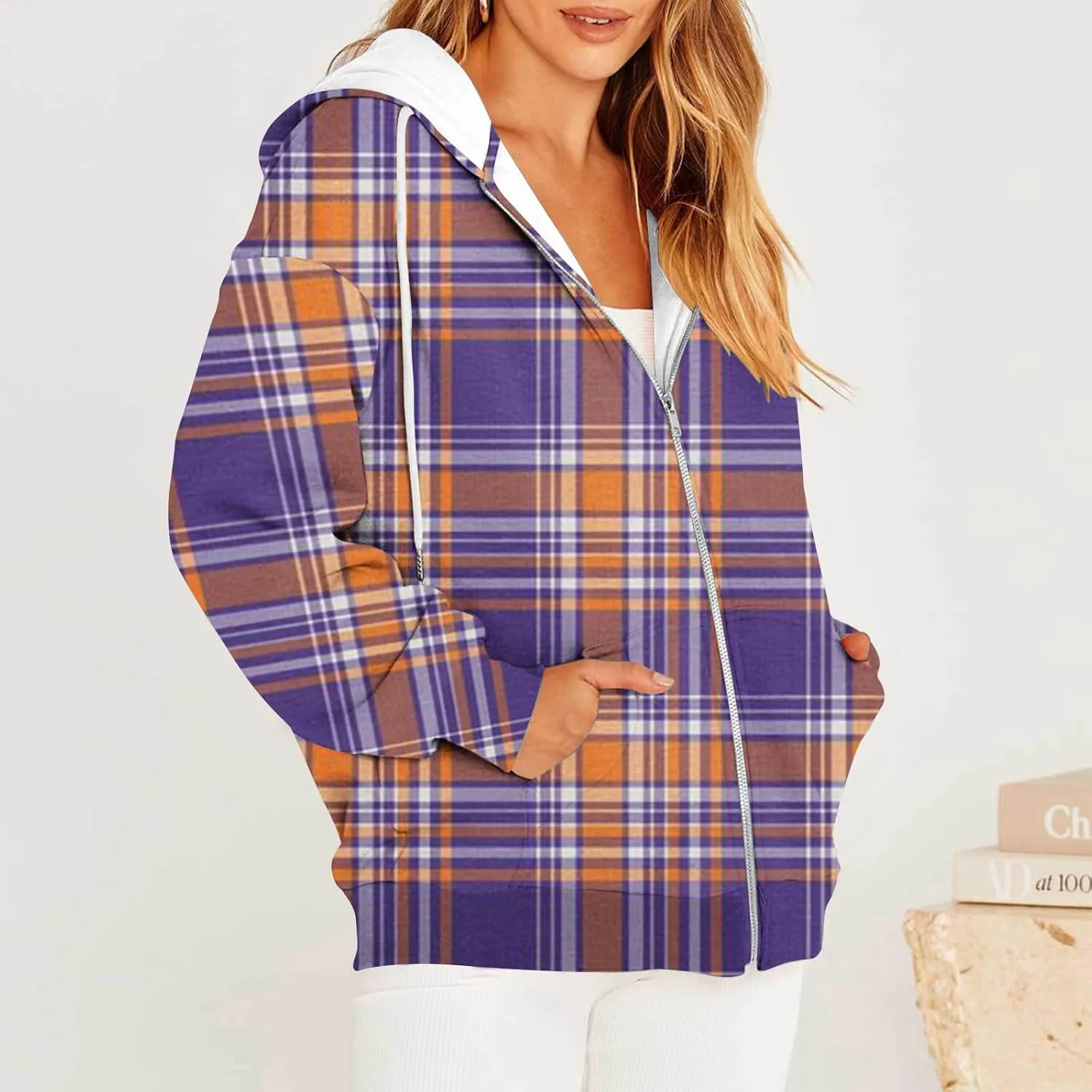 Womens Plaid Jackets 2025 Zipper Hooded Plaid Drawstring Sweatshirt Loose Long Sleeve Oversized Plaid Hoodie Jackets