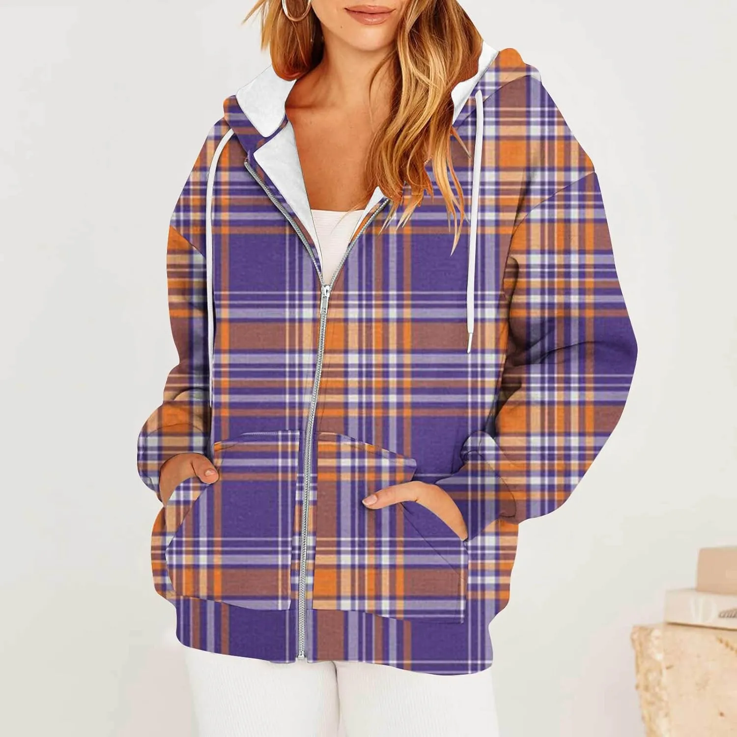 Womens Plaid Jackets 2025 Zipper Hooded Plaid Drawstring Sweatshirt Loose Long Sleeve Oversized Plaid Hoodie Jackets
