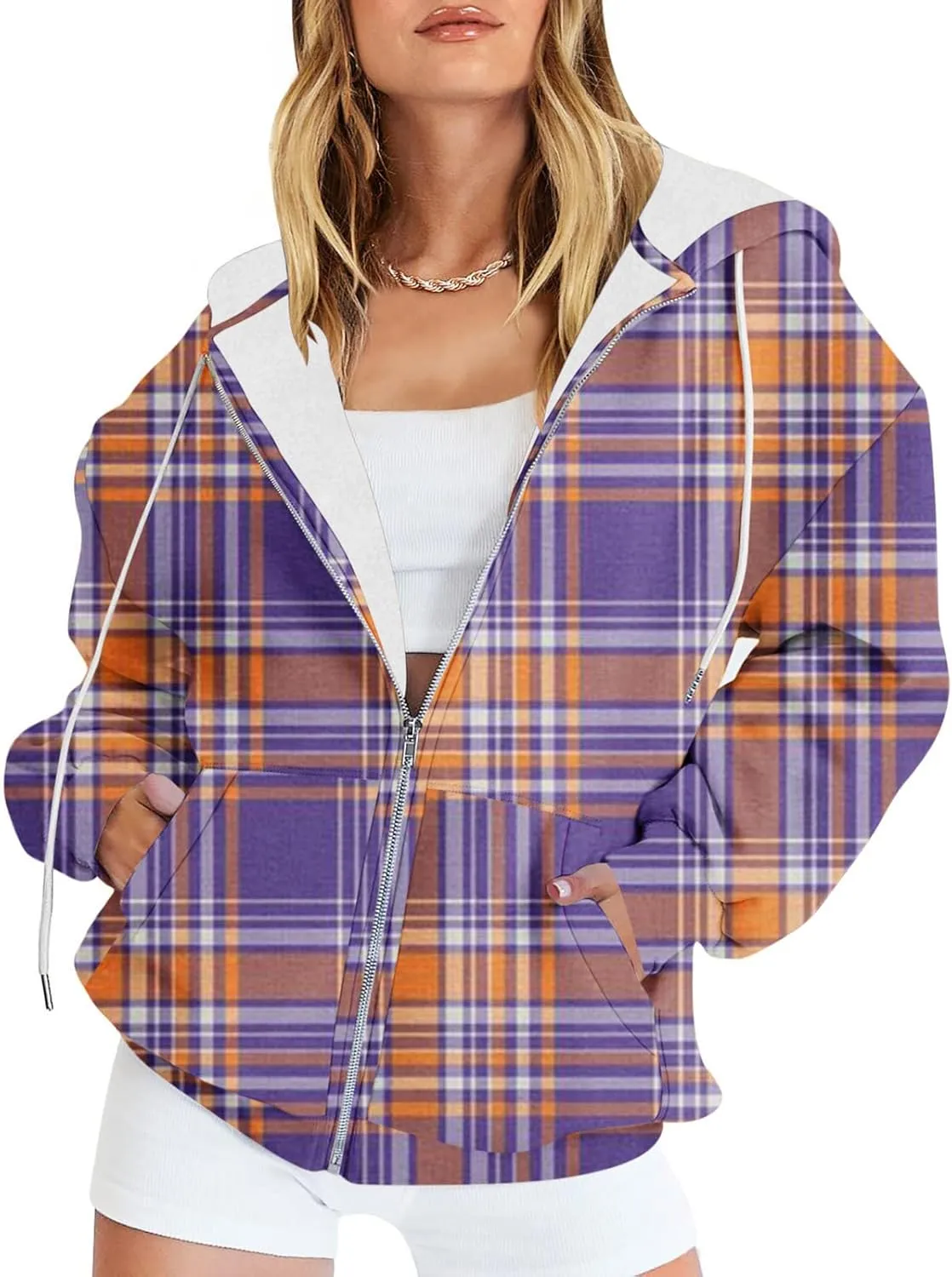 Womens Plaid Jackets 2025 Zipper Hooded Plaid Drawstring Sweatshirt Loose Long Sleeve Oversized Plaid Hoodie Jackets