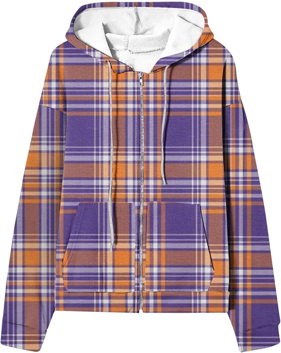 Womens Plaid Jackets 2025 Zipper Hooded Plaid Drawstring Sweatshirt Loose Long Sleeve Oversized Plaid Hoodie Jackets