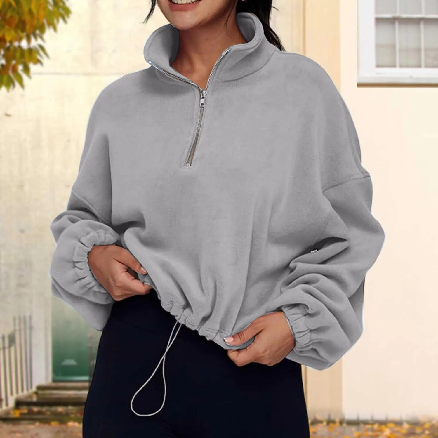 Womens Quarter Zip Hoodies Cropped Sweatshirts Long Sleeve Fleece Half Zip Sweatshirts Fall Outfits Clothes Pullover