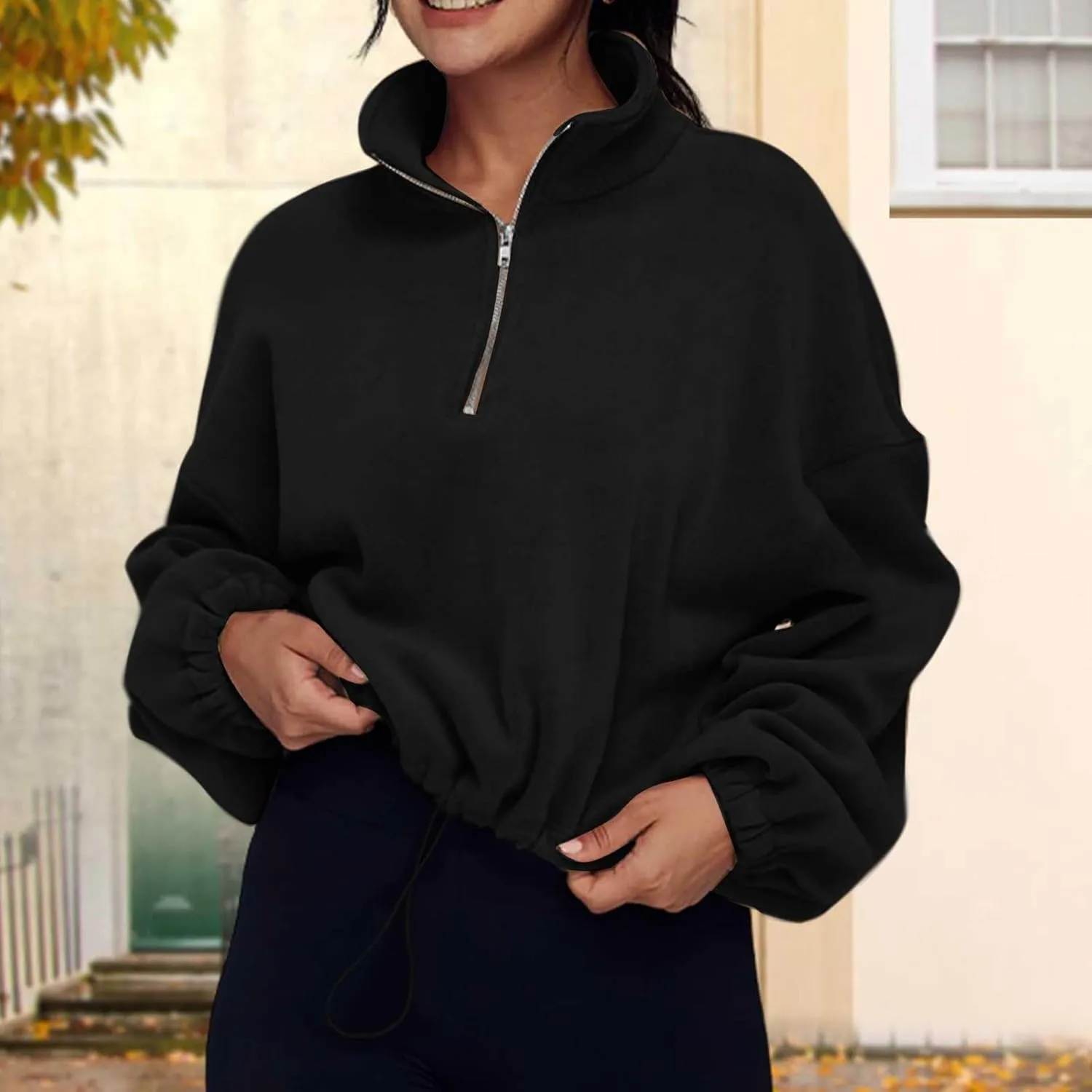 Womens Quarter Zip Hoodies Cropped Sweatshirts Long Sleeve Fleece Half Zip Sweatshirts Fall Outfits Clothes Pullover