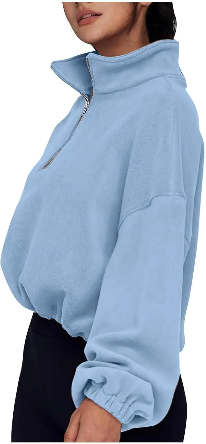 Womens Quarter Zip Hoodies Cropped Sweatshirts Long Sleeve Fleece Half Zip Sweatshirts Fall Outfits Clothes Pullover