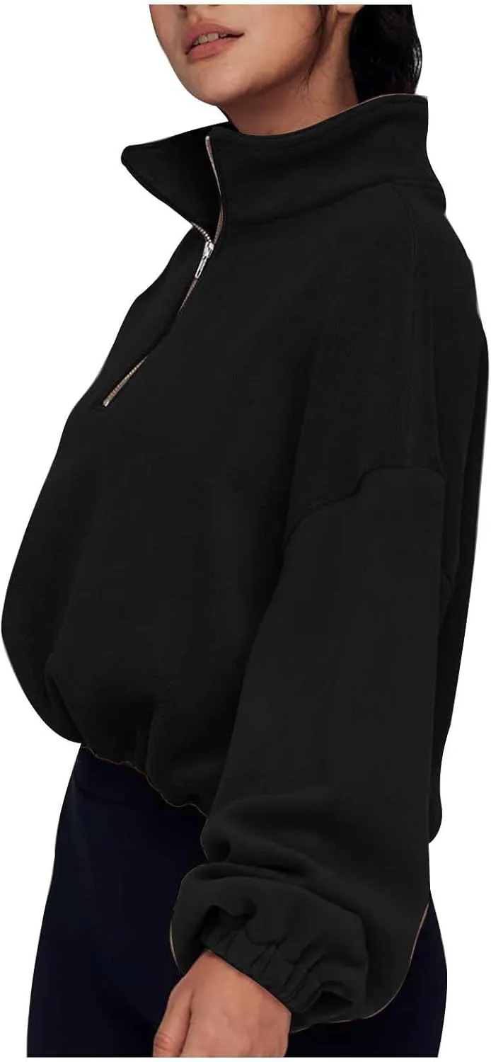 Womens Quarter Zip Hoodies Cropped Sweatshirts Long Sleeve Fleece Half Zip Sweatshirts Fall Outfits Clothes Pullover