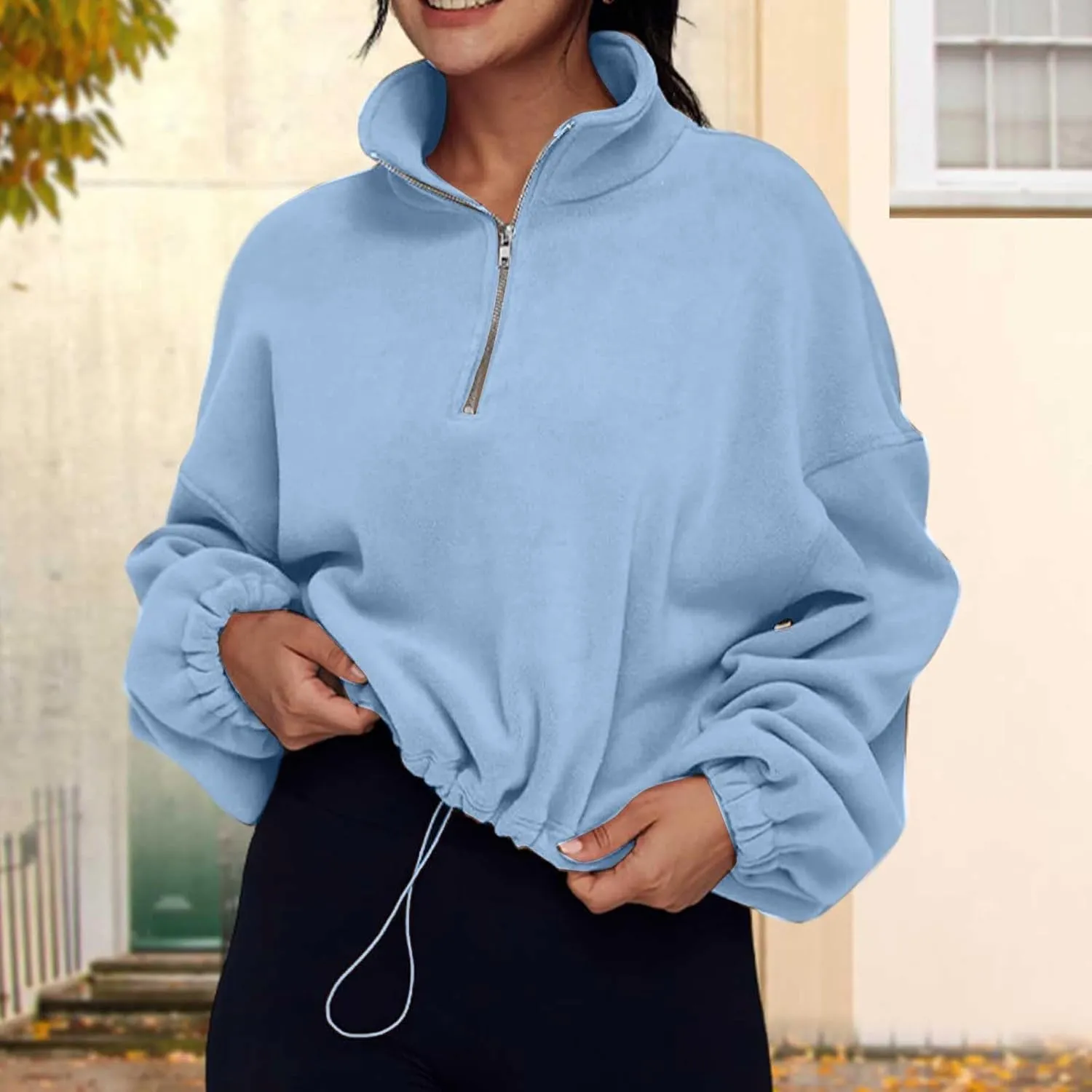 Womens Quarter Zip Hoodies Cropped Sweatshirts Long Sleeve Fleece Half Zip Sweatshirts Fall Outfits Clothes Pullover