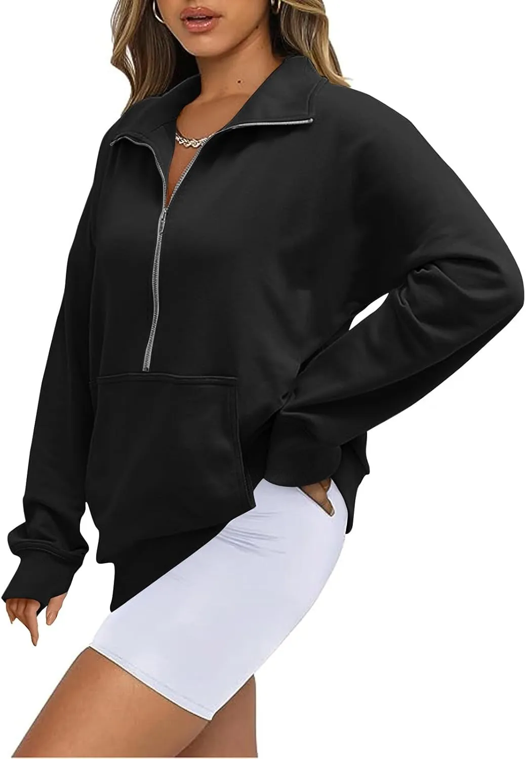 Womens Quarter Zip Pullover Fleece Stand Collar Cropped Sweatshirt with Pockets Thumb Hole Workout Crop Tops