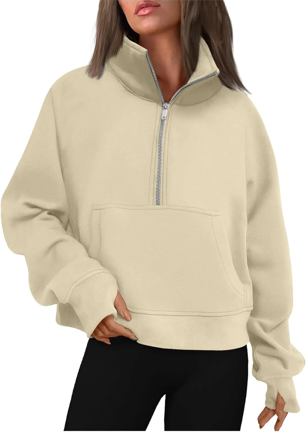 Womens Quarter Zip Pullover Fleece Stand Collar Cropped Sweatshirt with Pockets Thumb Hole Workout Crop Tops