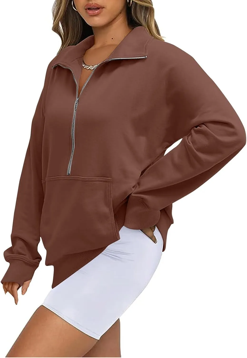 Womens Quarter Zip Pullover Fleece Stand Collar Cropped Sweatshirt with Pockets Thumb Hole Workout Crop Tops