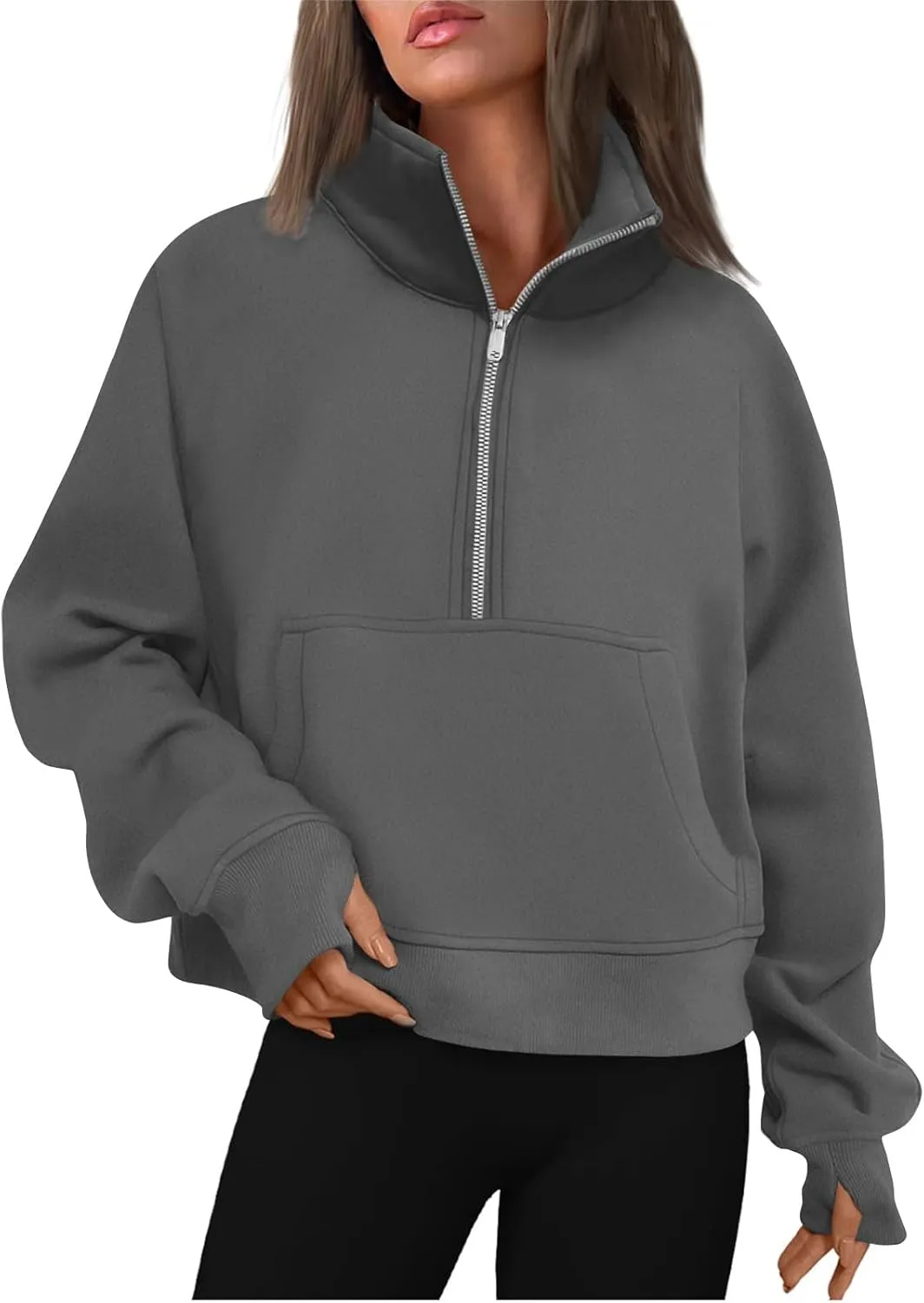 Womens Quarter Zip Pullover Fleece Stand Collar Cropped Sweatshirt with Pockets Thumb Hole Workout Crop Tops
