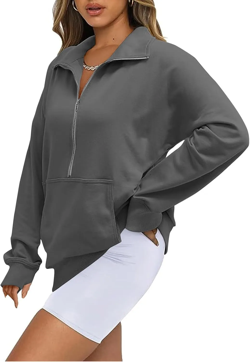 Womens Quarter Zip Pullover Fleece Stand Collar Cropped Sweatshirt with Pockets Thumb Hole Workout Crop Tops