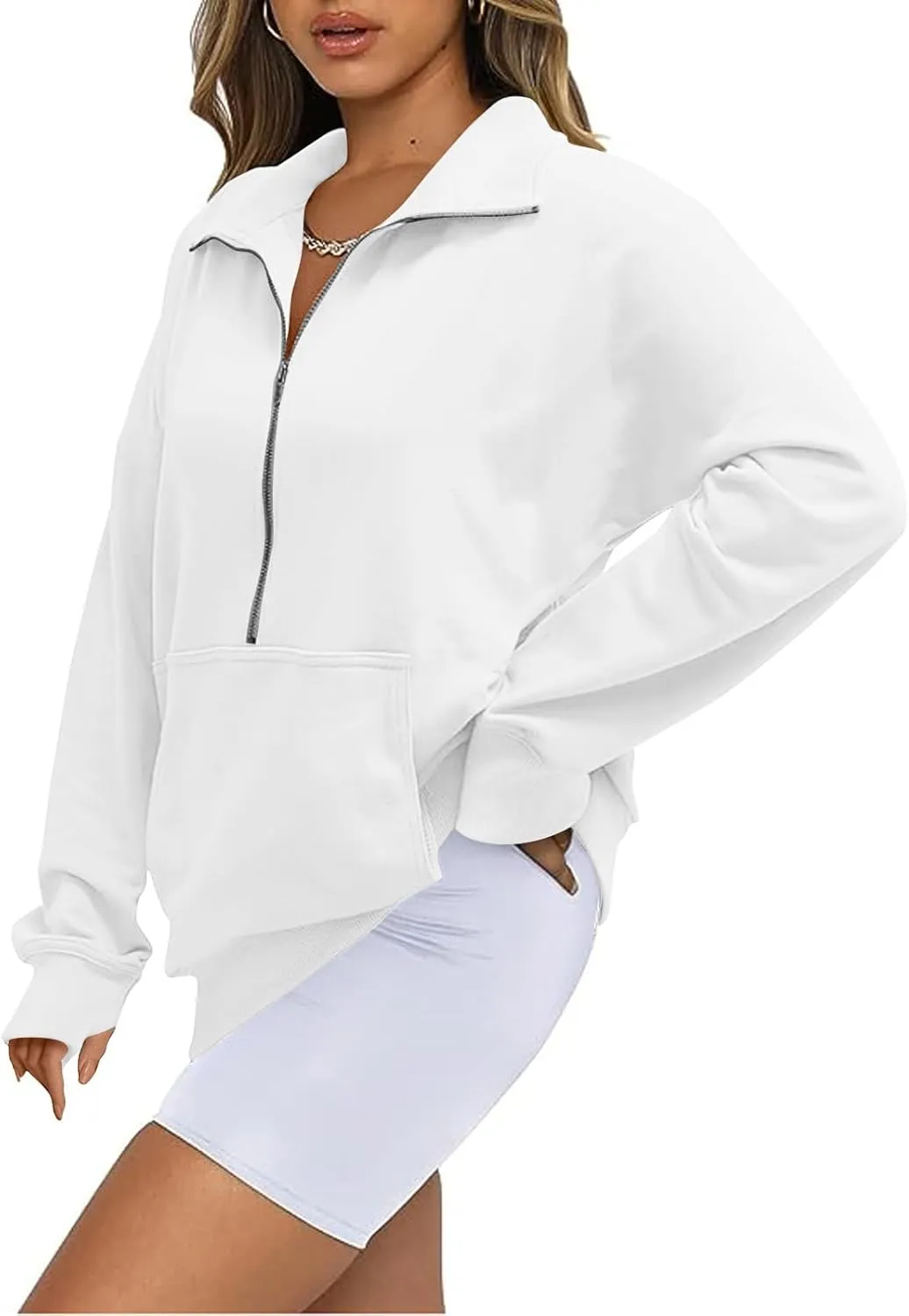 Womens Quarter Zip Pullover Fleece Stand Collar Cropped Sweatshirt with Pockets Thumb Hole Workout Crop Tops