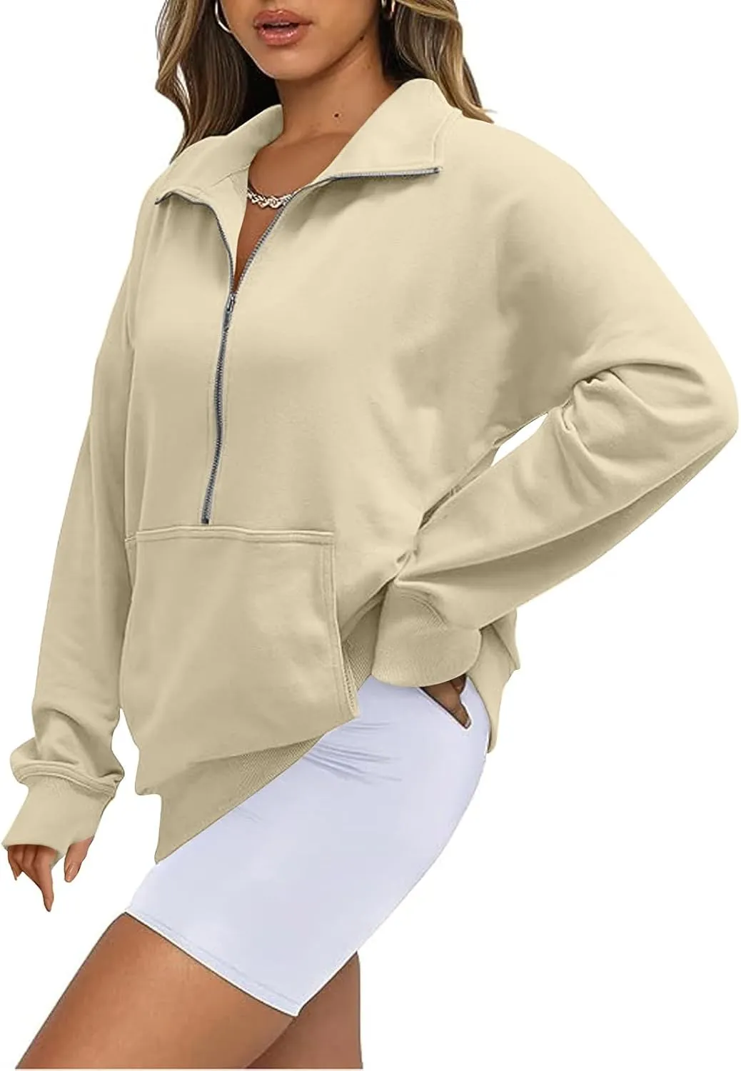 Womens Quarter Zip Pullover Fleece Stand Collar Cropped Sweatshirt with Pockets Thumb Hole Workout Crop Tops