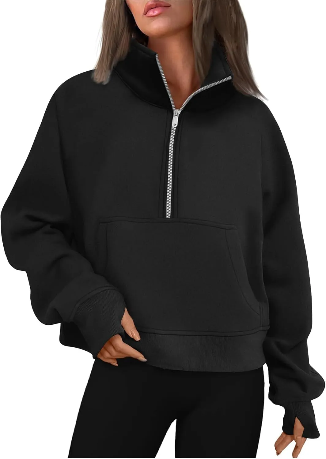 Womens Quarter Zip Pullover Fleece Stand Collar Cropped Sweatshirt with Pockets Thumb Hole Workout Crop Tops