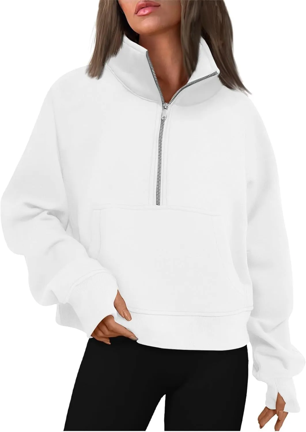 Womens Quarter Zip Pullover Fleece Stand Collar Cropped Sweatshirt with Pockets Thumb Hole Workout Crop Tops