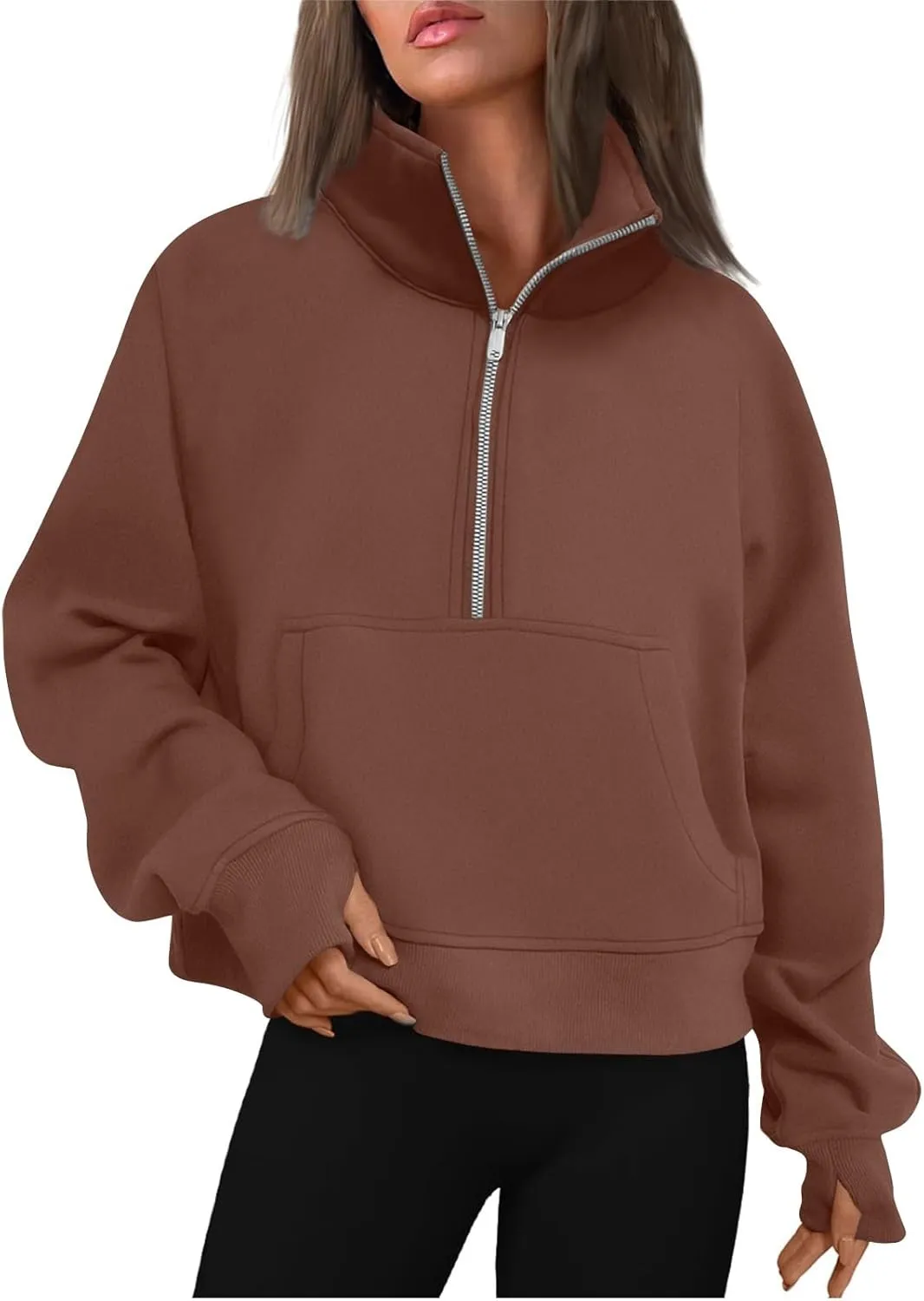 Womens Quarter Zip Pullover Fleece Stand Collar Cropped Sweatshirt with Pockets Thumb Hole Workout Crop Tops