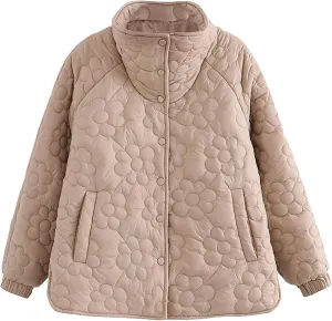 Womens Quilted Jacket Floral Print Cropped Quilted Coat Winter Warm Button Down Puffer Jacket Coat With Pockets