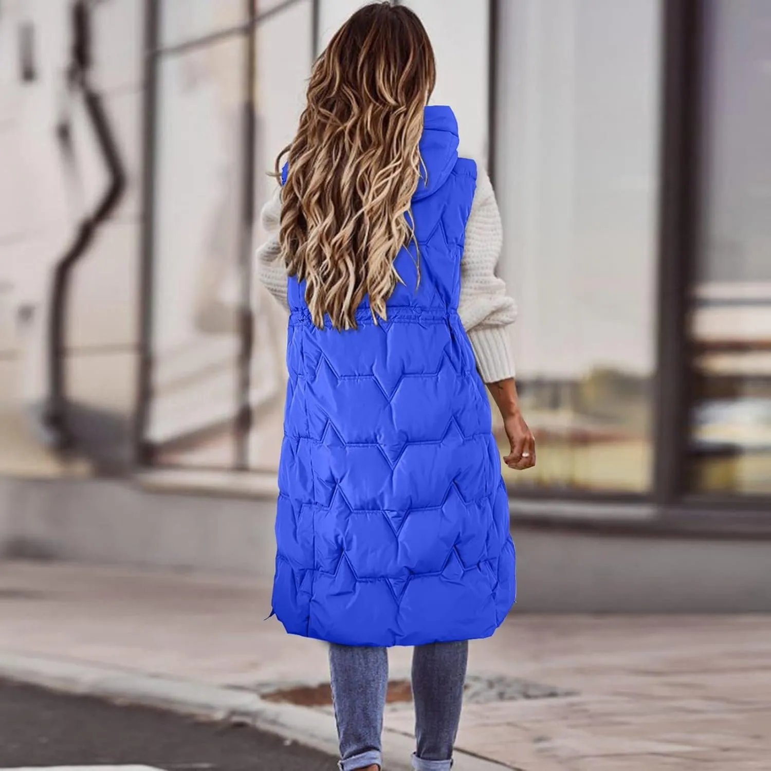 Womens Quilted Puffer Vest Maxi Length Sleeveless Hooded Coat Winter Warm Thickened Down Jacket Outerwear