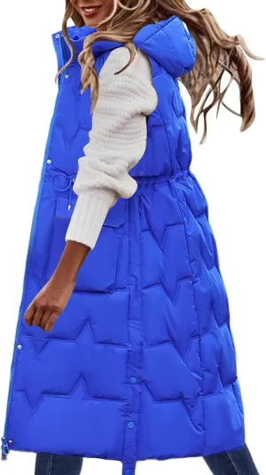 Womens Quilted Puffer Vest Maxi Length Sleeveless Hooded Coat Winter Warm Thickened Down Jacket Outerwear