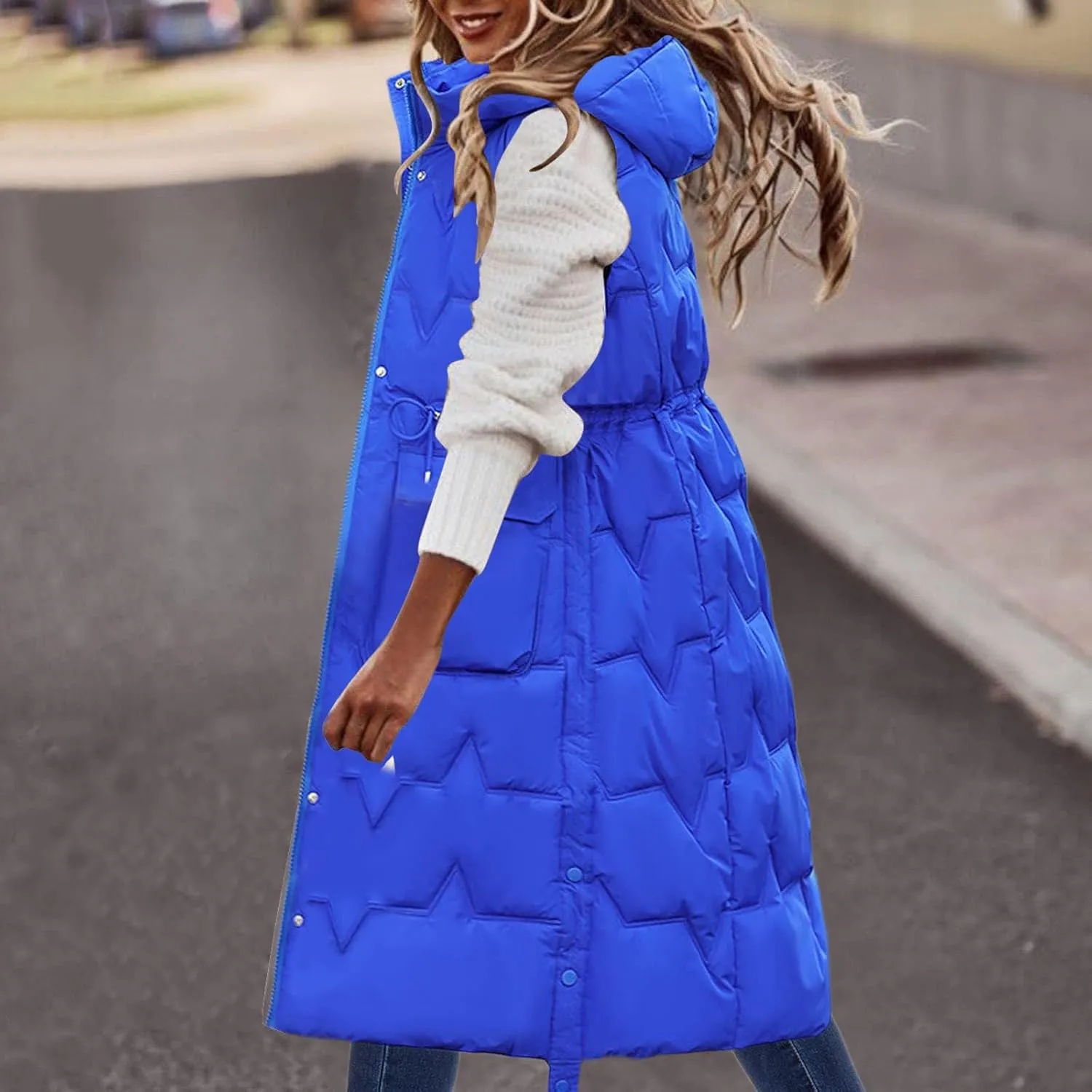 Womens Quilted Puffer Vest Maxi Length Sleeveless Hooded Coat Winter Warm Thickened Down Jacket Outerwear