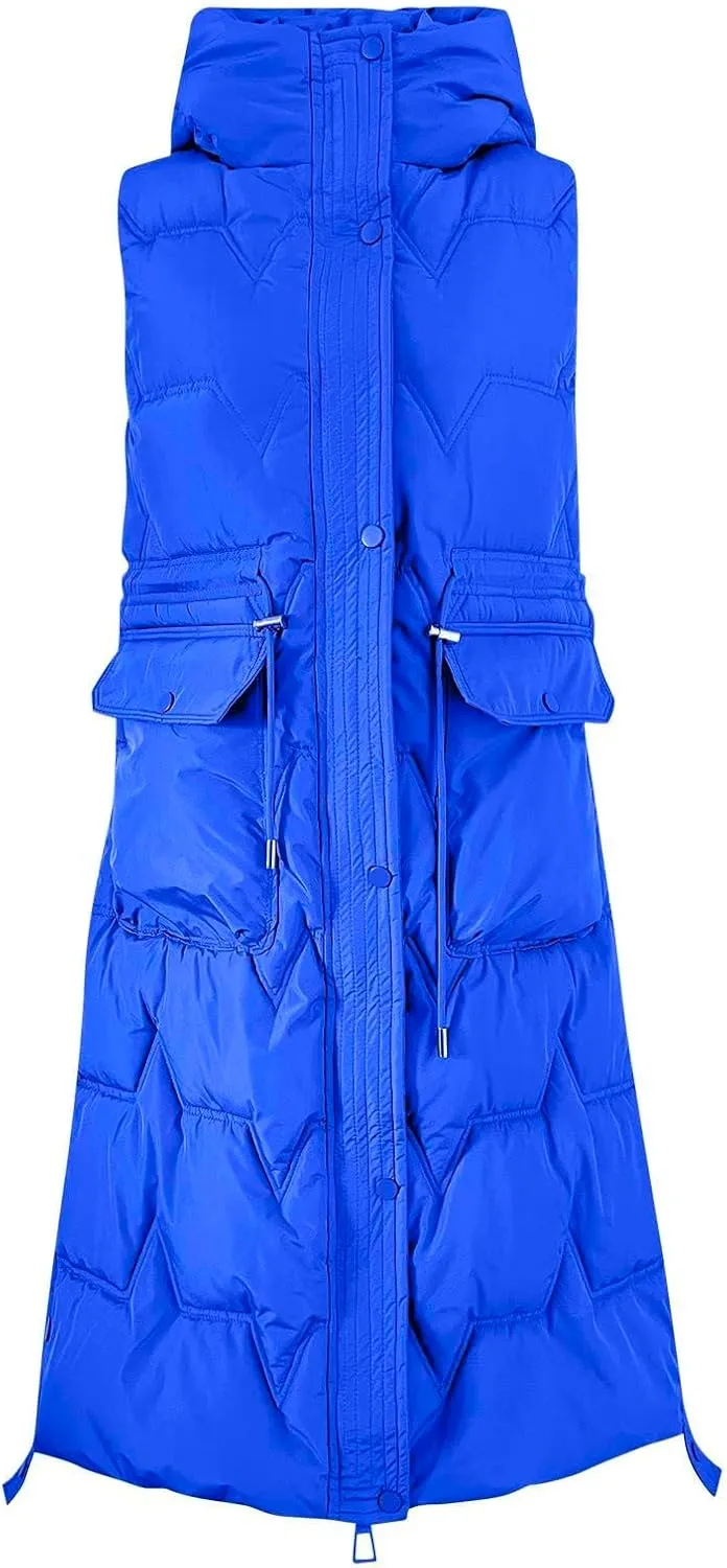 Womens Quilted Puffer Vest Maxi Length Sleeveless Hooded Coat Winter Warm Thickened Down Jacket Outerwear