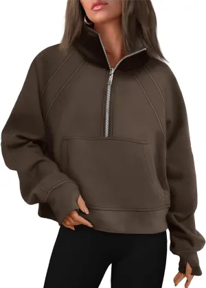 Womens Sweatshirts Half Zip Cropped Pullover Fleece Quarter Zipper Hoodies 2024 Fall Sweatshirts Thumb Hole Tops