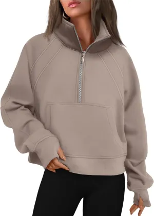 Womens Sweatshirts Half Zip Cropped Pullover Fleece Quarter Zipper Hoodies 2024 Fall Sweatshirts Thumb Hole Tops