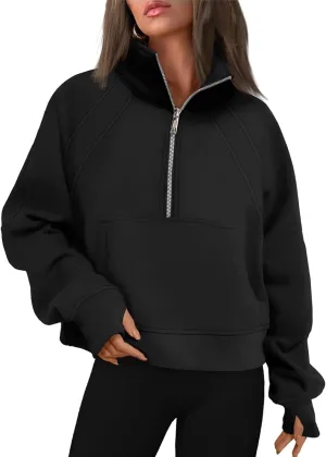 Womens Sweatshirts Half Zip Cropped Pullover Fleece Quarter Zipper Hoodies 2024 Fall Sweatshirts Thumb Hole Tops