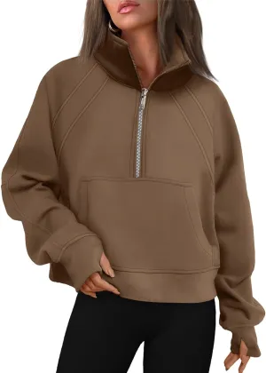 Womens Sweatshirts Half Zip Cropped Pullover Fleece Quarter Zipper Hoodies 2024 Fall Sweatshirts Thumb Hole Tops