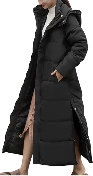 Women's Winter Hooded Long down Coats Jackets Maxi Parka Quilted Puffer Snow Jackets Outerwear with Side Button Hem