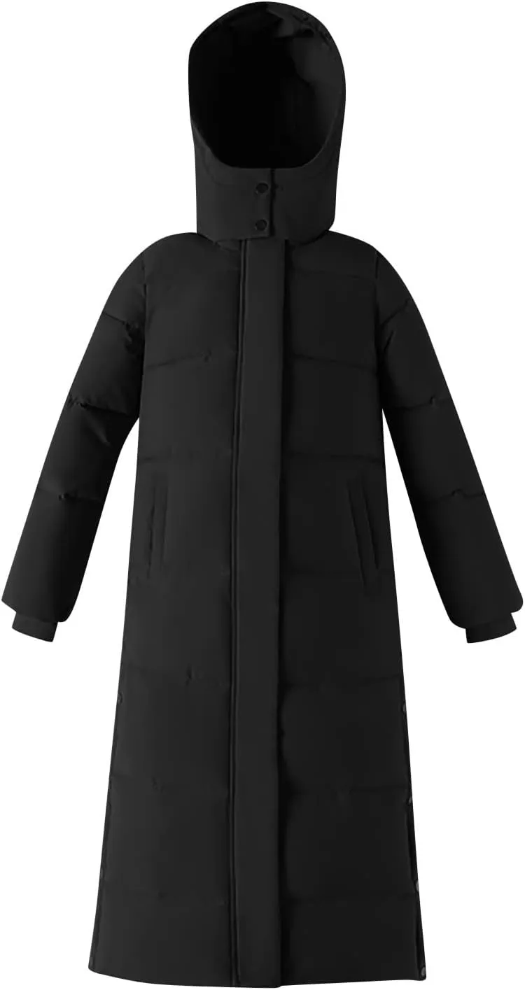 Women's Winter Hooded Long down Coats Jackets Maxi Parka Quilted Puffer Snow Jackets Outerwear with Side Button Hem