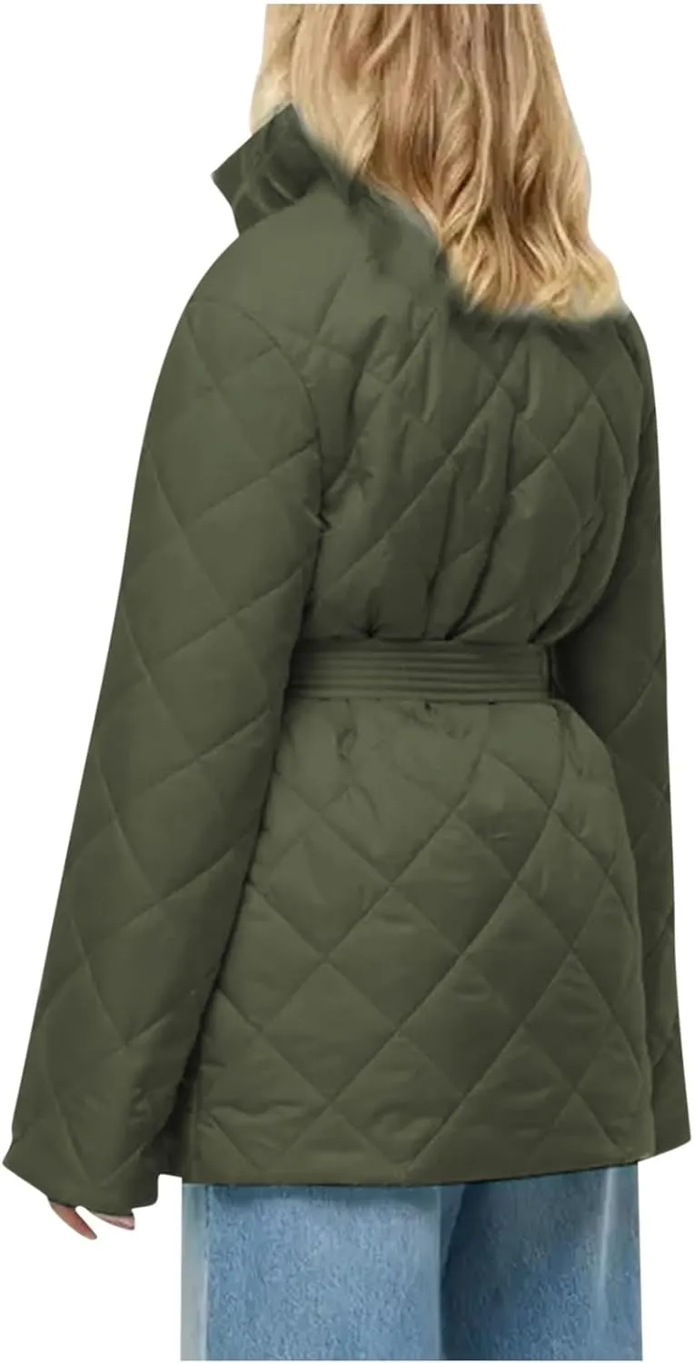 Women's Winter Warm Coats Lapel Mid-Length Diamond Quilted Down Jacket With Belt Oversized Open Front Jacket Cardigan