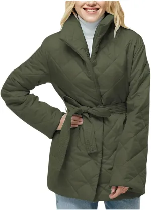 Women's Winter Warm Coats Lapel Mid-Length Diamond Quilted Down Jacket With Belt Oversized Open Front Jacket Cardigan