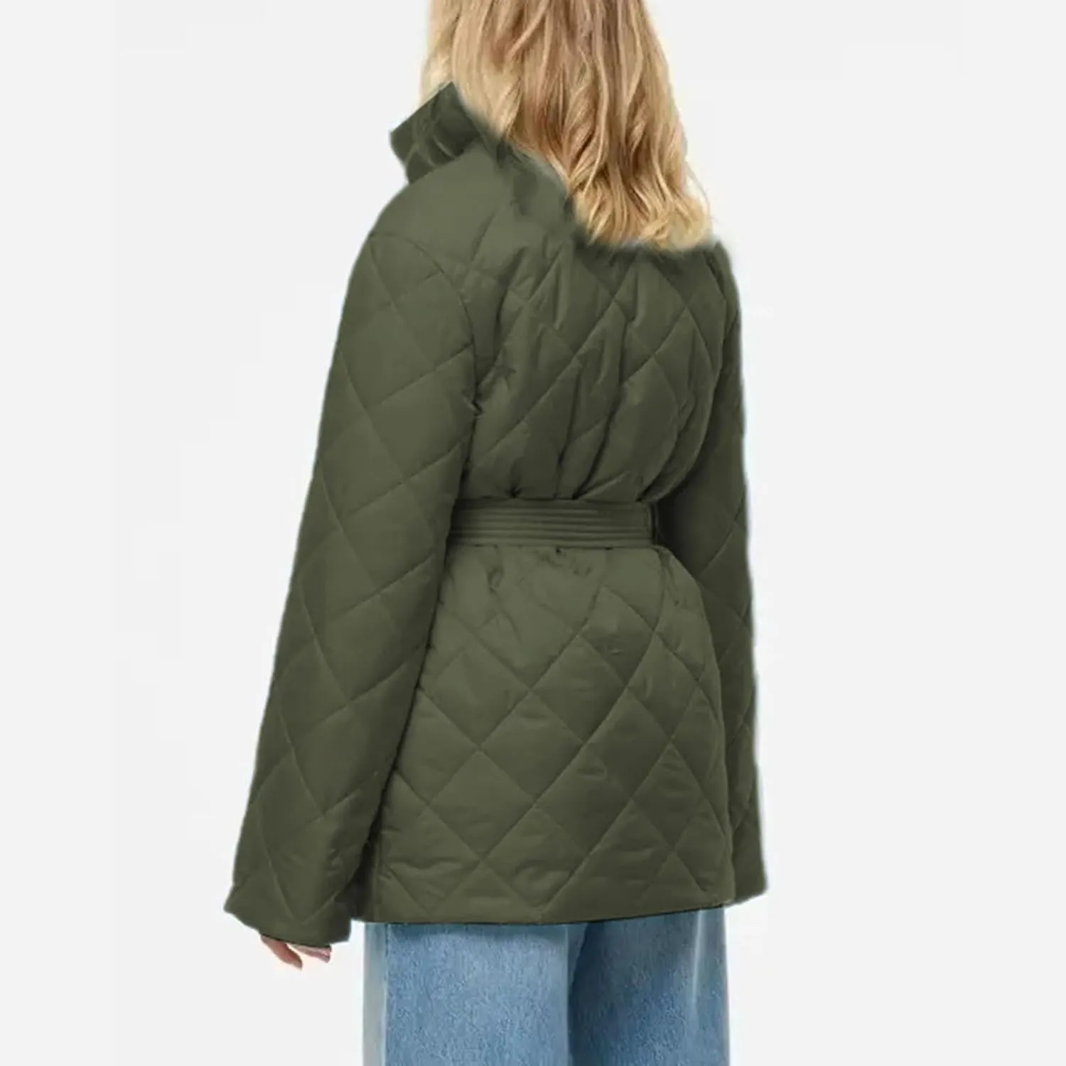 Women's Winter Warm Coats Lapel Mid-Length Diamond Quilted Down Jacket With Belt Oversized Open Front Jacket Cardigan