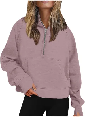 Womens Zip up Hoodies Oversized Sweatshirts Half Zip Cropped Pullover Fleece Preppy Clothes Fall Teen Girls Outfits