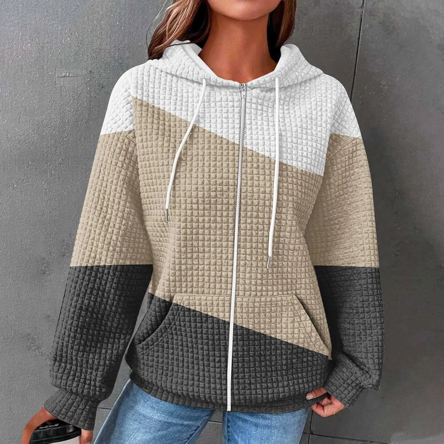 Womens Zip Up Hoodies Stylish Color Block Waffle Knit Jacket Fleece Fashion Pockets Long Sleeve Drawstring Sweatshirt