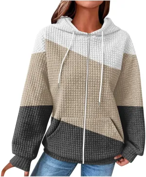 Womens Zip Up Hoodies Stylish Color Block Waffle Knit Jacket Fleece Fashion Pockets Long Sleeve Drawstring Sweatshirt