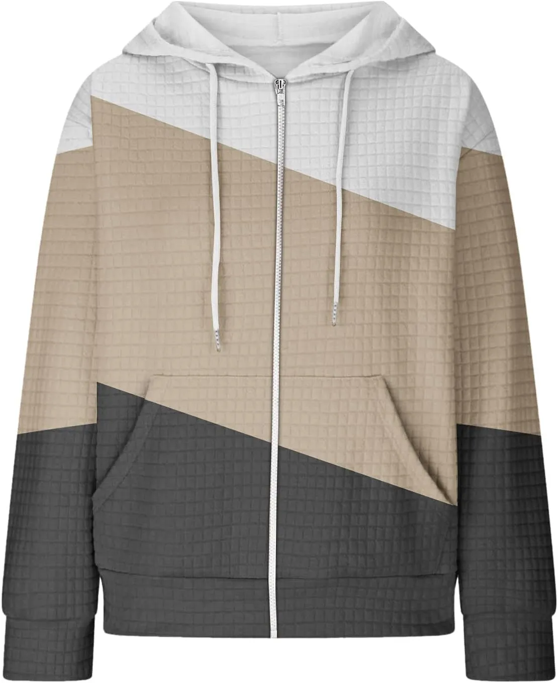 Womens Zip Up Hoodies Stylish Color Block Waffle Knit Jacket Fleece Fashion Pockets Long Sleeve Drawstring Sweatshirt