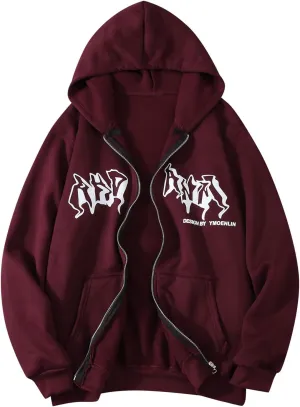 Y2k Sweatshirts for Women Full Zip Up Hooded Jacket Hip Hop Vintage Goth Print Tops Street Fashion Pullovers