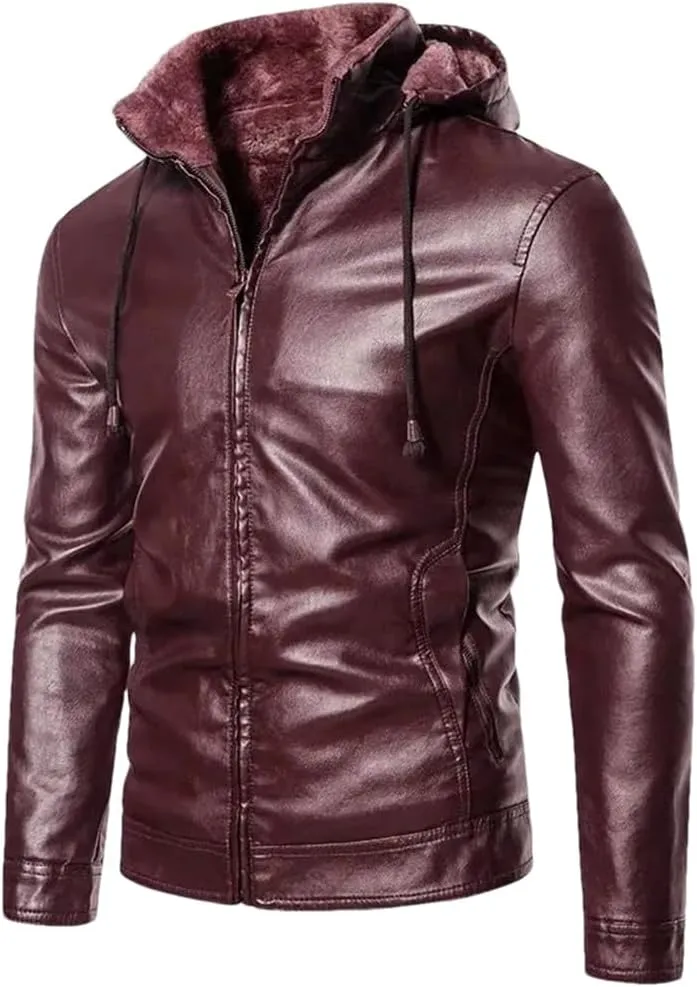 YTR6TW Men Hooded Leather Jackets Winter Fleece Slim Leather Coats Male Fashion Spring Autumn Casual Leather Jackets
