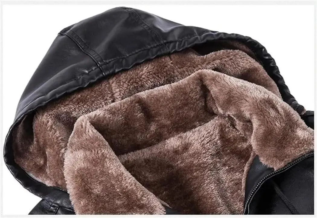 YTR6TW Men Hooded Leather Jackets Winter Fleece Slim Leather Coats Male Fashion Spring Autumn Casual Leather Jackets