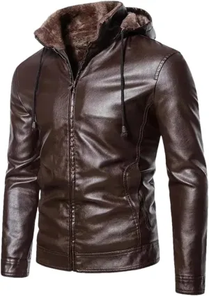 YTR6TW Men Hooded Leather Jackets Winter Fleece Slim Leather Coats Male Fashion Spring Autumn Casual Leather Jackets