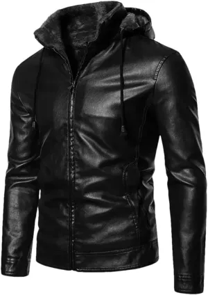 YTR6TW Men Hooded Leather Jackets Winter Fleece Slim Leather Coats Male Fashion Spring Autumn Casual Leather Jackets